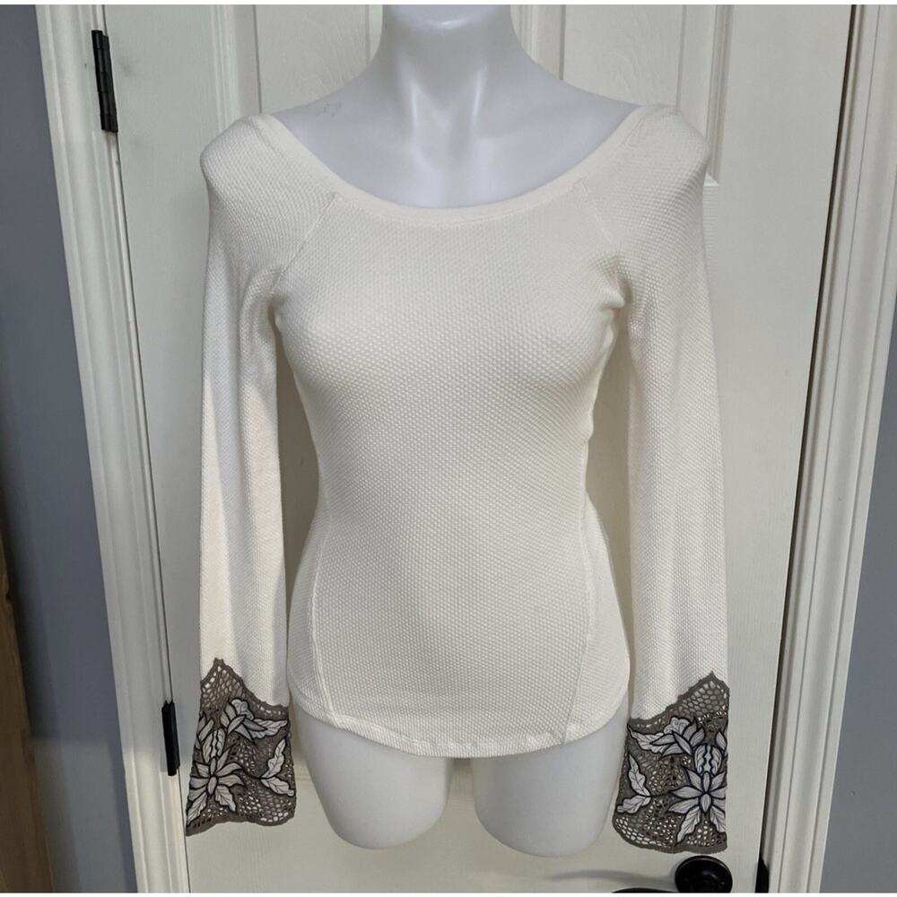 Free People Bali Babe Thermal Floral Contrast Cuff Lace Long Sleeve Top white L